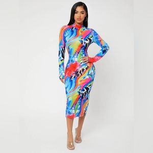 Graphic Print Tie Dye Split Back Bodycon Dress
